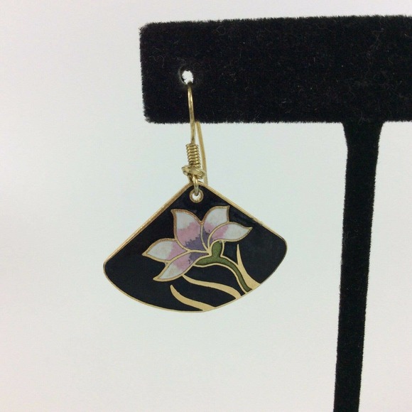 Vintage Cloisonne Dangle Earrings Fan Shape Floral - Picture 2 of 8